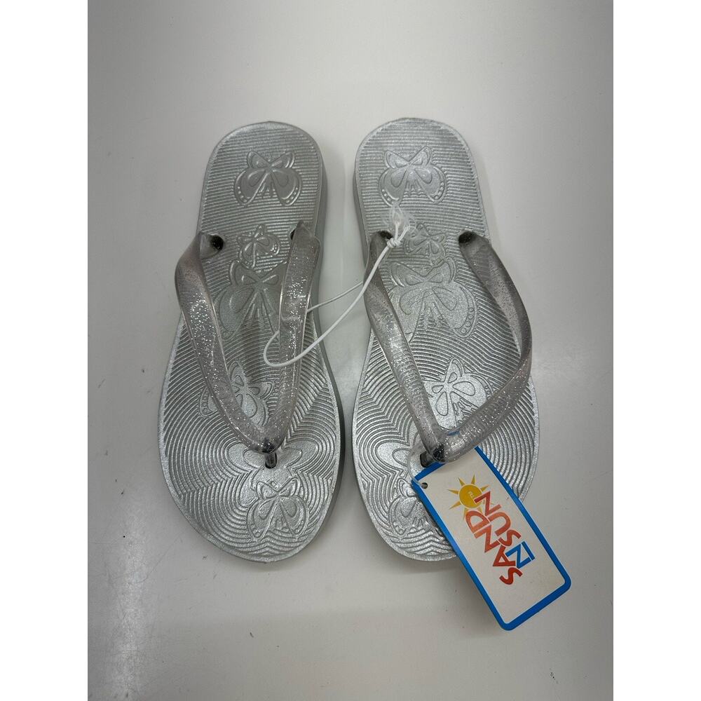 Sand N Sun Womens Flip Flops Size 4/5 Kids Monique Silver Rubber Thong NWTs Y2K
